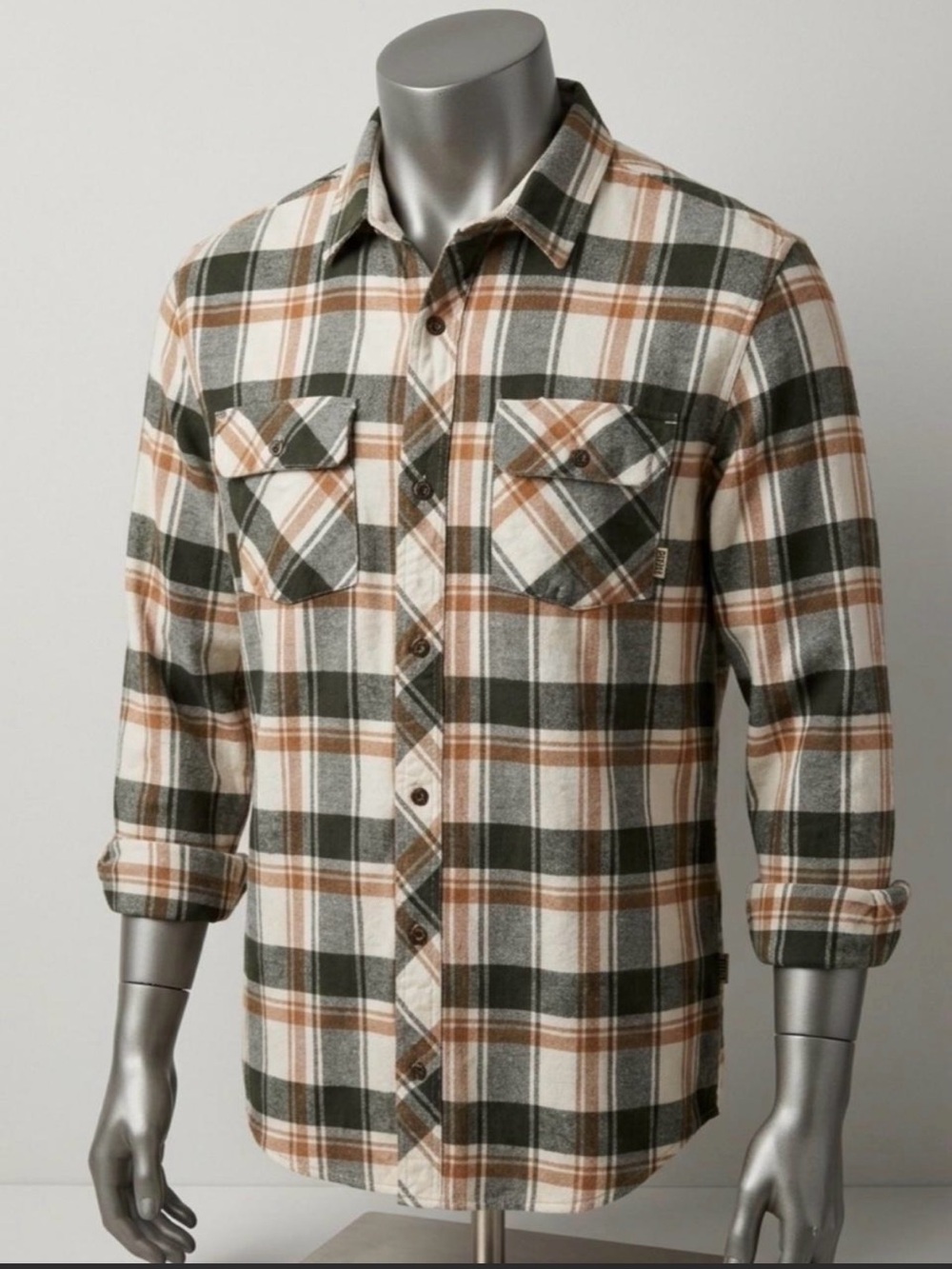 Men's Plaid Button-Down Shirt - Olive, Brown & White
